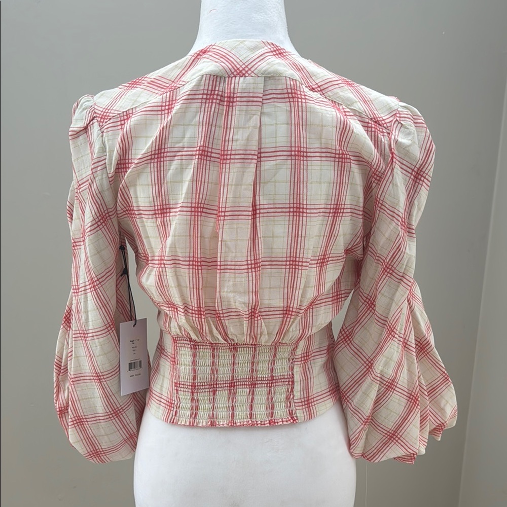 Bailey 44 Abigail Pink and Cream v-neck button front puff sleeve blouse top NWT - Picture 3 of 7